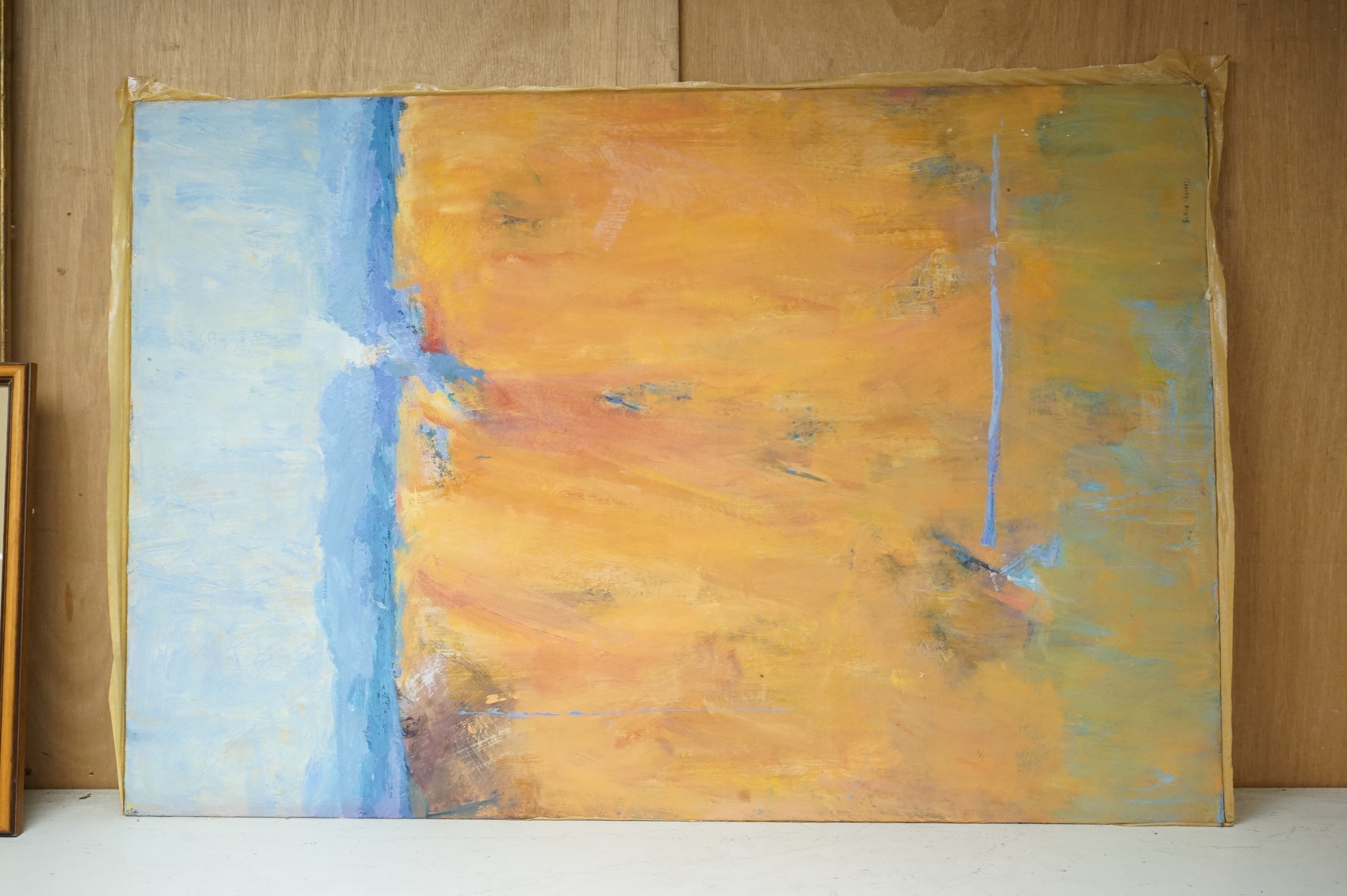 Billie Newey (Contemporary), three abstracts, one titled ‘Red Dawn’, with another oil to the reverse of the board and a portrait of a lady, each signed, oils on board, largest 76 x 61cm, unframed